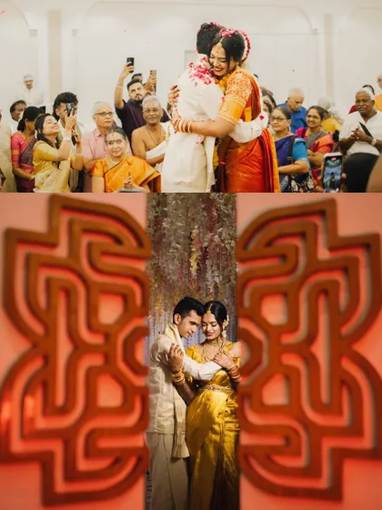 This collage captures both the public celebration and private intimacy of a South Indian wedding. The top frame shows the couple's joyful hug after the ceremony, while the bottom shows a quiet, romantic dance.