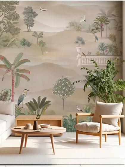 I love how this scenic wallpaper creates a peaceful, open feeling. The design features a gentle landscape with birds and trees, perfect for making any Bangalore apartment feel more connected to nature.