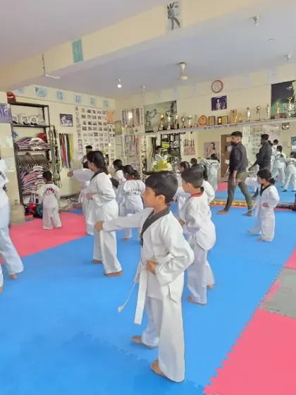 A class of white belts learning their first Poomsae.