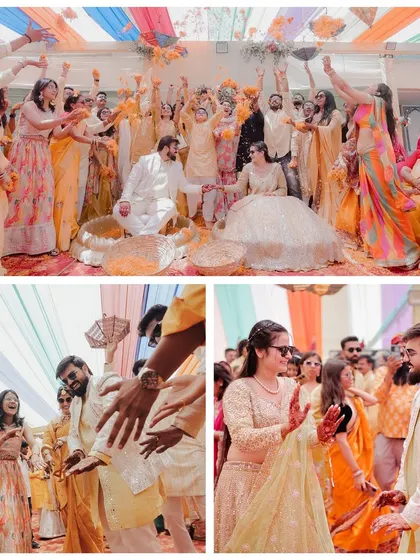 A vibrant and energetic Haldi celebration. This collage shows the couple and their guests dancing and being showered with flower petals, capturing the pure joy of the moment.