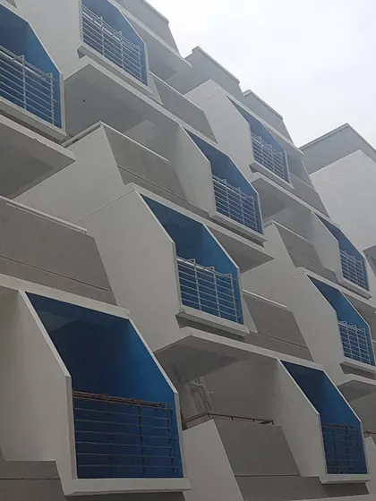 A closer perspective of the Mars Mount apartment balconies. The angled forms are designed to provide privacy and shade for each unit while creating a cohesive and dynamic architectural pattern.