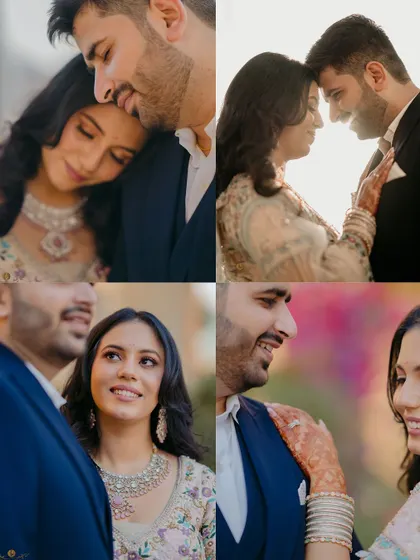 A collage of four beautiful, candid moments from a ring ceremony. It captures a range of emotions, from loving gazes to happy smiles, telling a complete story of the event.