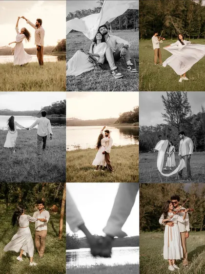 A beautiful black and white collage showcasing various romantic moments from a pre-wedding shoot in a field.