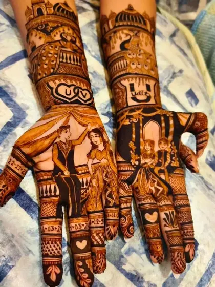 This personalized mehendi includes the couple's wedding date, initials, and even a cute smiley face, showing how we can add fun elements to your design.