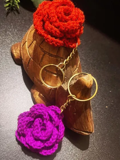 My turtle friend Leo showing off the red and purple rose keychains again. He’s the best model!