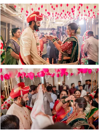 A collage showing the energy of the wedding ceremony, with the couple exchanging garlands and being blessed by family.