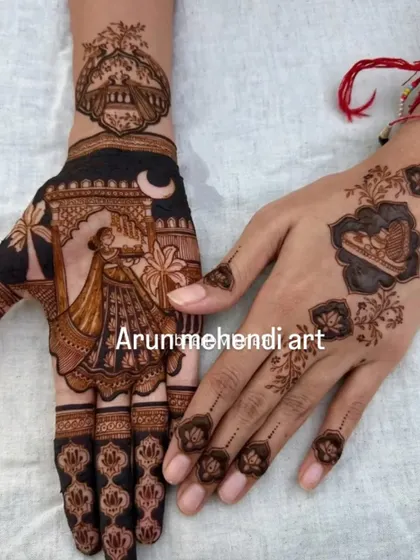 A unique design for Karwa Chauth, featuring a bride looking at the moon, along with other festive symbols.
