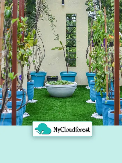The right planters can be a design statement on their own. In this garden, I used a collection of bright blue pots of various sizes to create a vibrant and cohesive look. This pop of color adds energy and personality to the terrace.