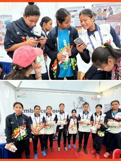 A group of young female athletes eagerly gathers at our Simply Periods kiosk. These interactive spaces are designed to be welcoming and educational, encouraging girls to learn and ask questions without hesitation.