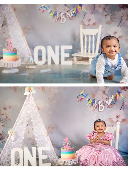 Two beautiful looks for one special first birthday. This collage shows how we can switch outfits and props during a session to capture different sides of your baby's personality against a lovely floral and lace teepee setup.
