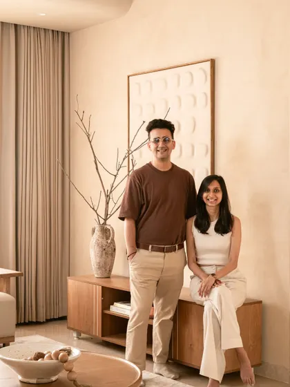 A candid shot of us, the designers, in the Wabi-Sabi villa. This space reflects our passion for creating artful, soulful homes.