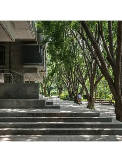 The rear verandah of the classroom complex opens into a green space with retained trees. This seamless connection between the built and the unbuilt is a core principle of our campus architecture philosophy.