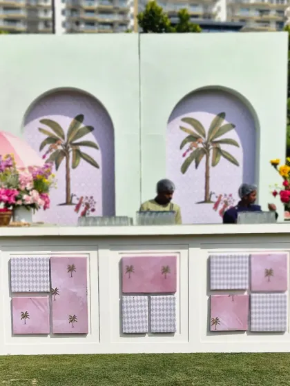 A slightly different angle of the custom palm-themed bar, showing the detailed print work on the front panels.