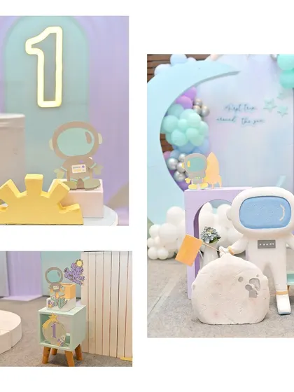 A collage of the space-themed props, showing the astronaut, sun, and planet details up close.