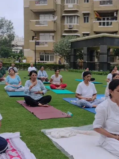 Participants peacefully meditating in the park. Practicing outdoors allows for a deeper connection with nature and the present moment.