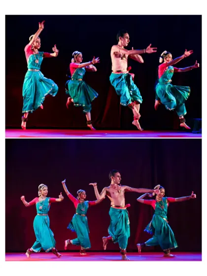 The dynamic movements and formations in our ensemble piece, "Tyagaraja Hrt Sadhana." I choreograph these pieces to highlight both individual skill and the collective power of the group.