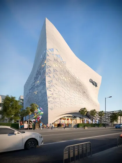 A conceptual design for a mall with a striking parametric facade made of triangular panels.
