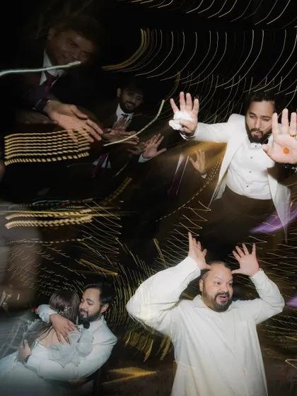 A collage of high-energy moments from the dance floor. The creative use of light painting and multiple exposures creates a dynamic and fun visual of the celebration.