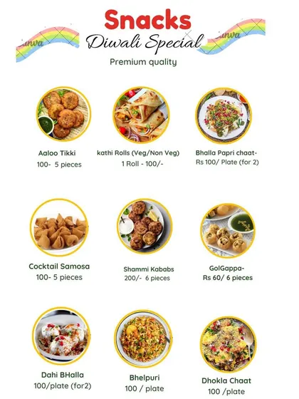 Our Diwali special snacks menu, featuring premium quality chaat and appetizers like Aloo Tikki, Cocktail Samosas, and Shammi Kababs at an affordable price.