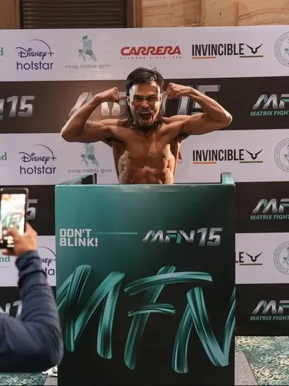 MFN Champion Chungreng Koren looking shredded and intense at the MFN 15 weigh-ins. The hard work is done.