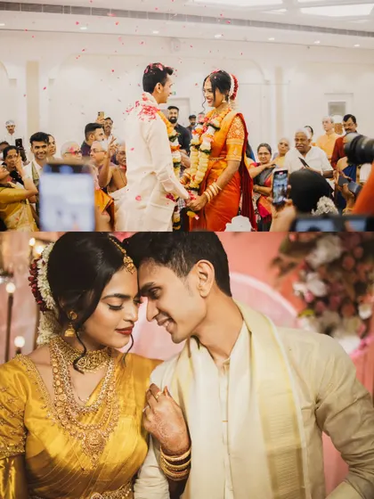 Two key moments from a Tamil wedding ceremony. The top image shows the couple exchanging garlands, and the bottom captures a close, intimate portrait, showcasing both the ritual and the romance.