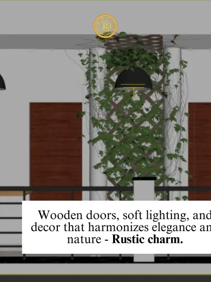 Rustic charm. This balcony design harmonizes elegance and nature with wooden doors, soft lighting, and climbing plants.