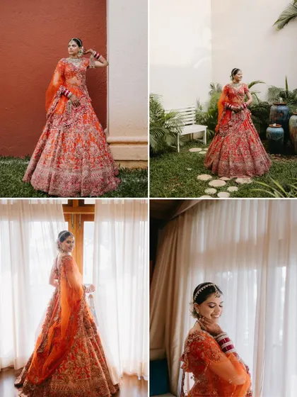 A collection of full-length bridal portraits in various settings, from a garden to an indoor room, showcasing her stunning orange lehenga.