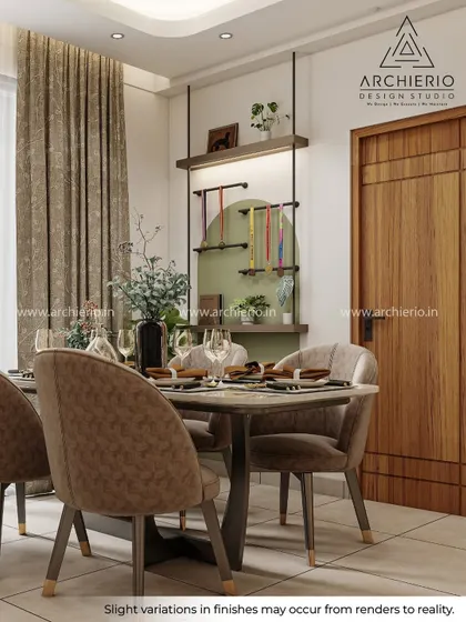 A cozy dining nook with a custom-built wall shelf for displaying medals and memorabilia, adding a personal touch to the elegant space.