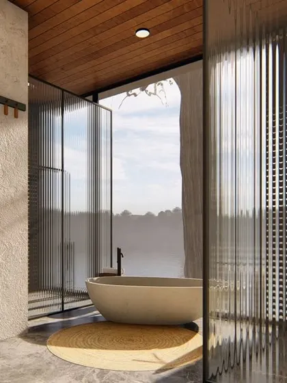 Another view of the conceptual bathroom, highlighting the interplay of light through textured glass and the minimal, natural material palette of wood and stone.