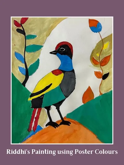 A vibrant bird painting by Riddhi using poster colors. This piece is inspired by folk art styles and shows a great sense of color and composition.