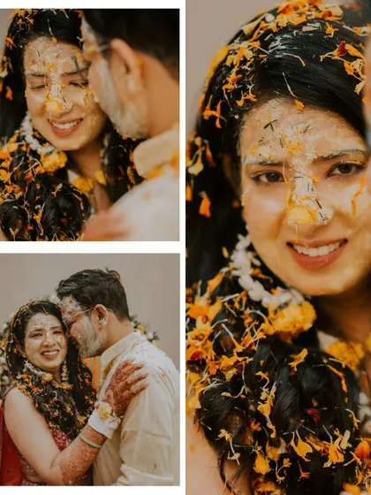 A collage of a couple's haldi, showing close-ups of their happy, paste-covered faces and them sharing a tender moment.
