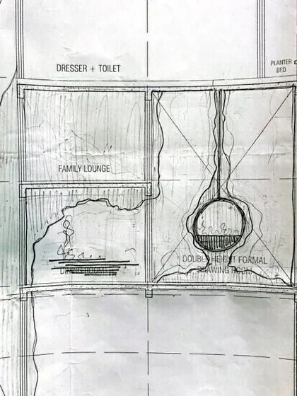 Every project begins with a vision. This initial hand-drawn sketch for a double-height formal drawing room and fireplace feature shows the conceptual foundation of our design process, where ideas first take shape before being translated into reality.