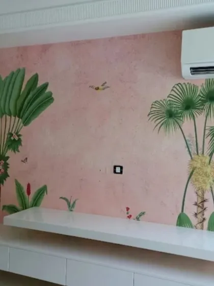 A playful and colorful tropical mural with monkeys and birds on a pink background, perfect for a bright and cheerful room.