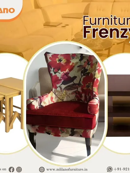 Our "Furniture Frenzy" collection includes a variety of pieces like this floral wingback chair and nested tables. We offer items to complete any living room setup.