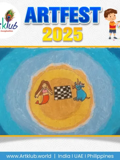 A mermaid and a unicorn playing chess underwater, a truly unique and imaginative entry from our junior division.