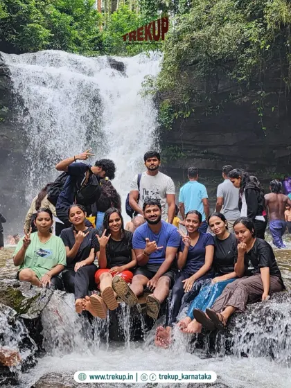 A happy group cooling off at Hidlumane Falls during the Kodachadri trek. Taking a break at a waterfall is always a highlight of our trips.