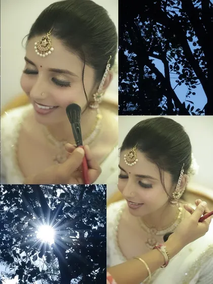 A collage that blends the bride's getting-ready moments with shots of nature. This artistic composition connects her beauty and the start of a new life with the natural world.