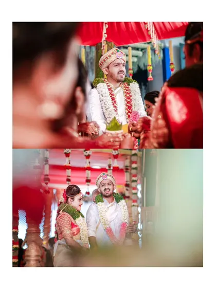A diptych capturing the groom's eager anticipation and the couple's first moments together at the mandap.
