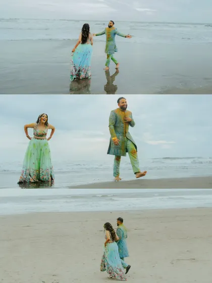 A collage from a unique beachside Haldi. The couple's playful interactions by the sea add a refreshing twist to the traditional ceremony.