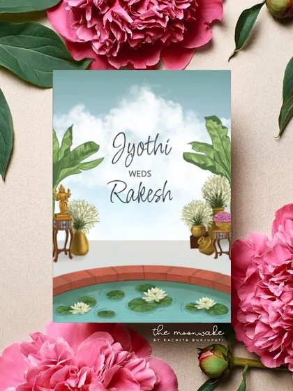 The cover for a wedding invitation suite, featuring a serene pond with water lilies and traditional decor. This piece introduces the elegant and natural theme of the wedding.