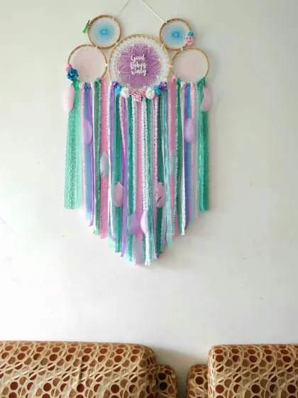 A pastel cluster dreamcatcher designed to welcome a new little dreamer. The 'Good Vibes' message makes it a perfect and positive addition for a baby shower or nursery.
