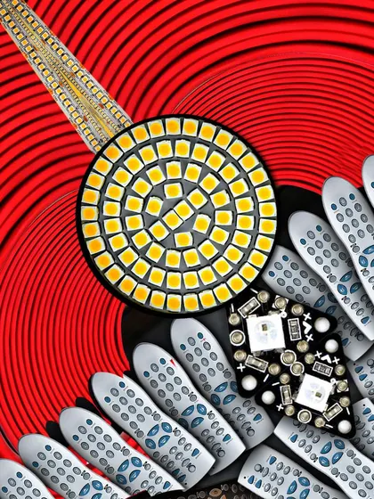 I show the circular forehead motif in this Sanketana design detail, surrounded by the graphic arrangement of remotes and cable.