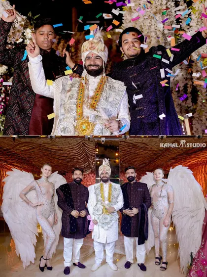 A collage showing the groom celebrating with his friends and posing with angel-winged performers.