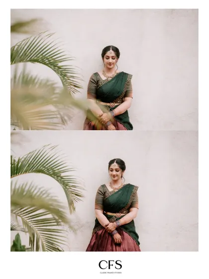 A serene portrait of the bride, Smruthi, framed by palm leaves. The natural elements add a soft and organic feel to this beautiful shot.