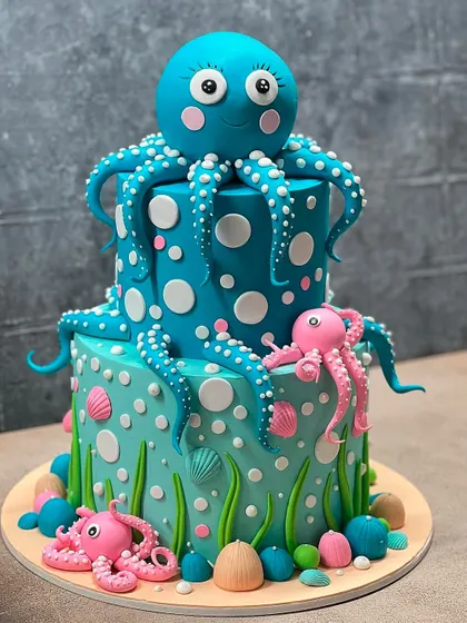 This two tier octopus cake is so much fun! The bright blue and teal colors, along with the happy octopus family, create a wonderful underwater scene.