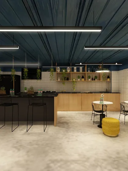 The cafeteria and pantry area, designed with a clean, modern aesthetic. It features a long bar, simple seating, and hanging plants for a fresh and inviting atmosphere.