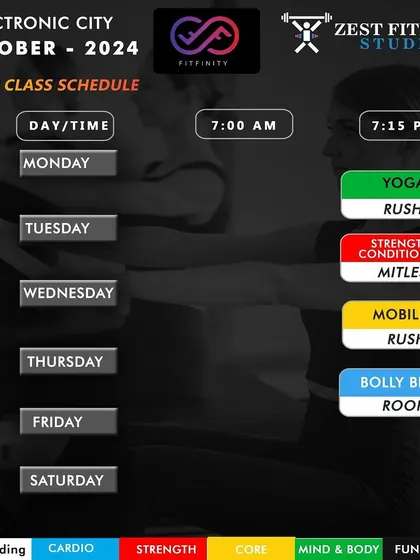Our October 2024 schedule, which included Strength & Conditioning, Mobility, and Yoga. This shows our commitment to providing a well-rounded fitness program.