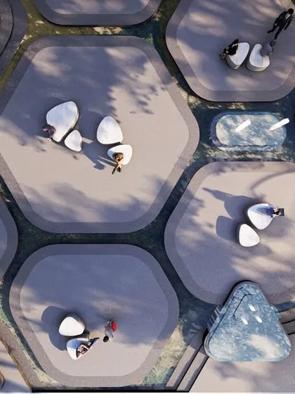 A conceptual design for a seating plaza with hexagonal platforms, creating a modern, honeycomb-like pattern for people to gather.