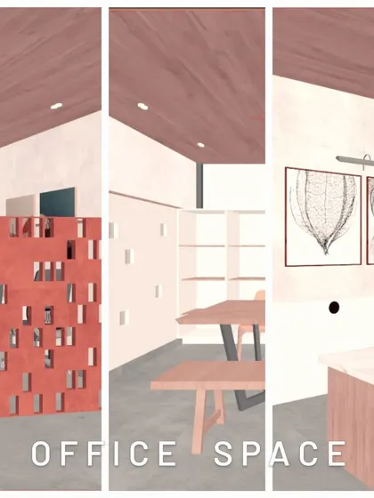 This visualization explores different elements for a minimalist office interior. It features a perforated partition for visual separation without blocking light, simple wooden furniture, and curated artwork to add personality to the space.