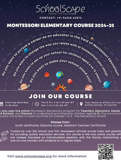 Join our one-year live online Montessori Elementary program to empower children aged 6-12, with flexible certification options for teachers, parents, and school heads.
